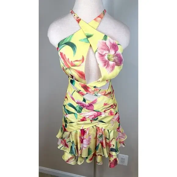 PATBO Laelia Cutout Floral Halterneck Criss Cross Yellow Mini Dress Size 4 - Picture 3 of 8